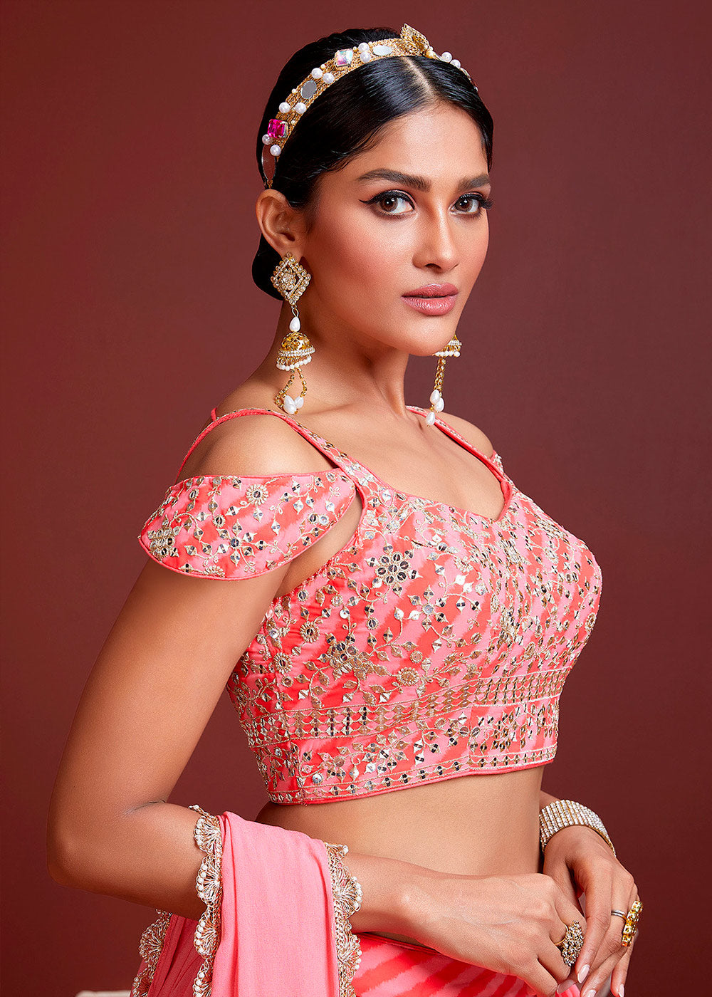 Shades Of Pink leheriya Printed Organza Silk Lehenga Choli with Zari & Sequins work