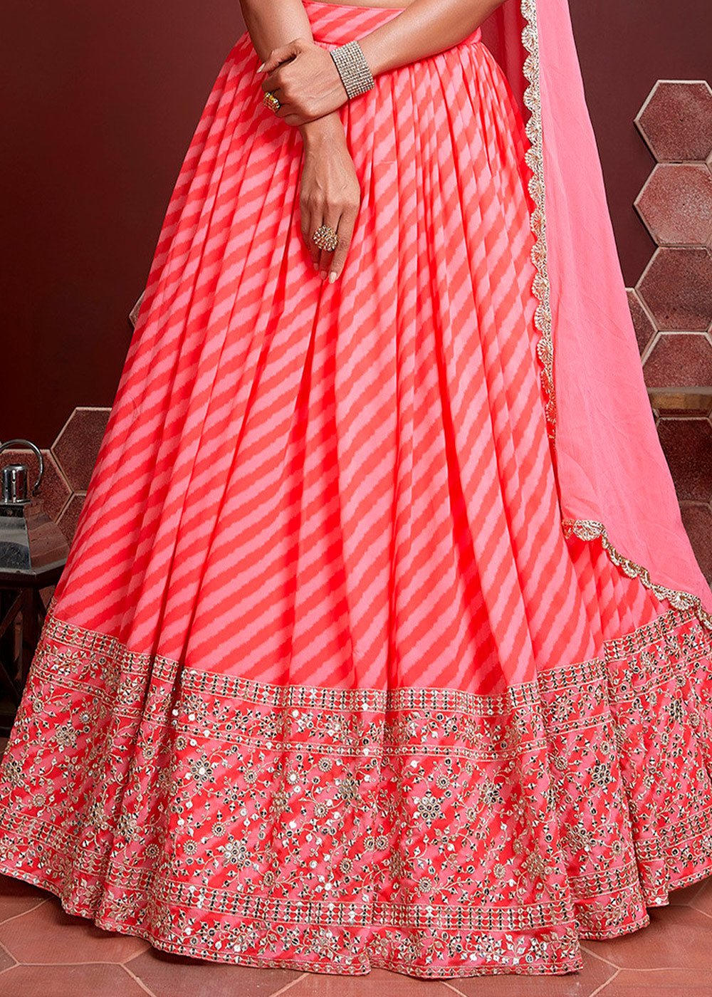 Shades Of Pink leheriya Printed Organza Silk Lehenga Choli with Zari & Sequins work