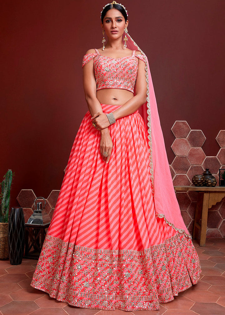 Shades Of Pink leheriya Printed Organza Silk Lehenga Choli with Zari & Sequins work