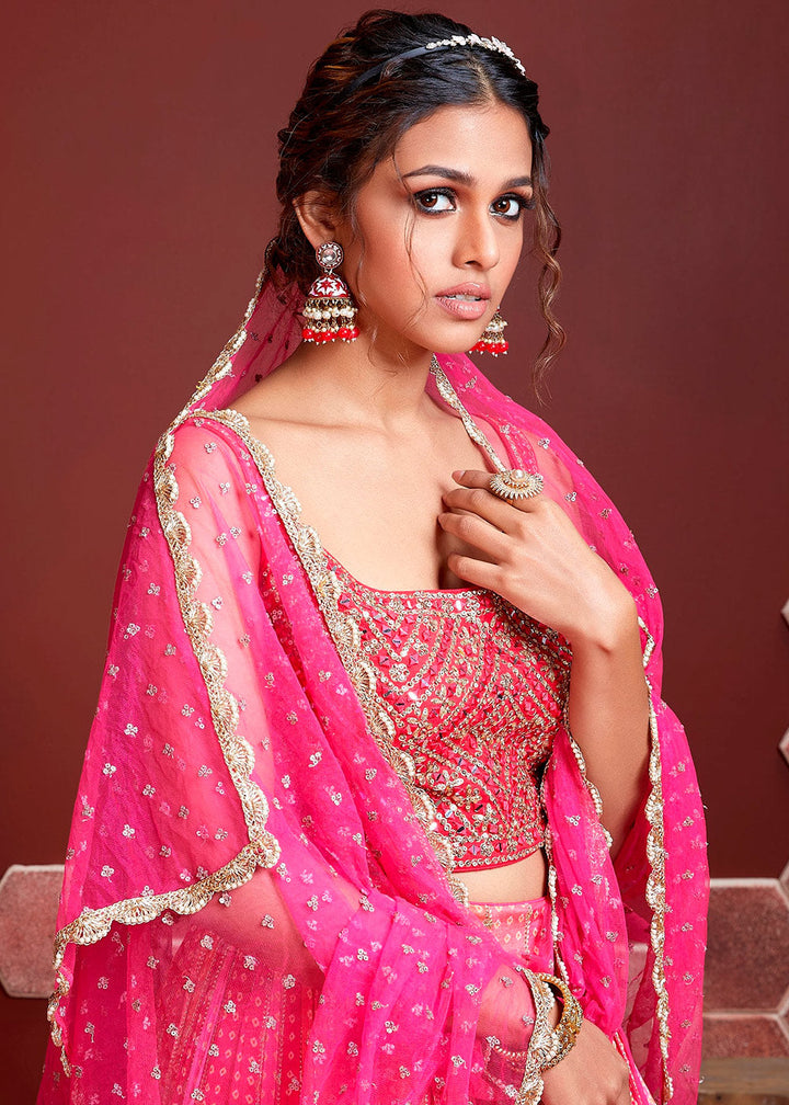 Peony Pink Bandhani Printed Chinon Silk Lehenga Choli with Embroidery & Mirror work