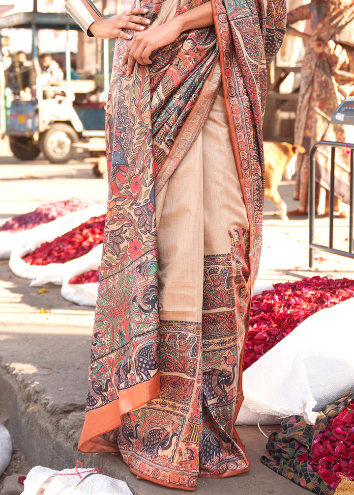 Amber Orange Madhubani Digital Printed Silk Saree