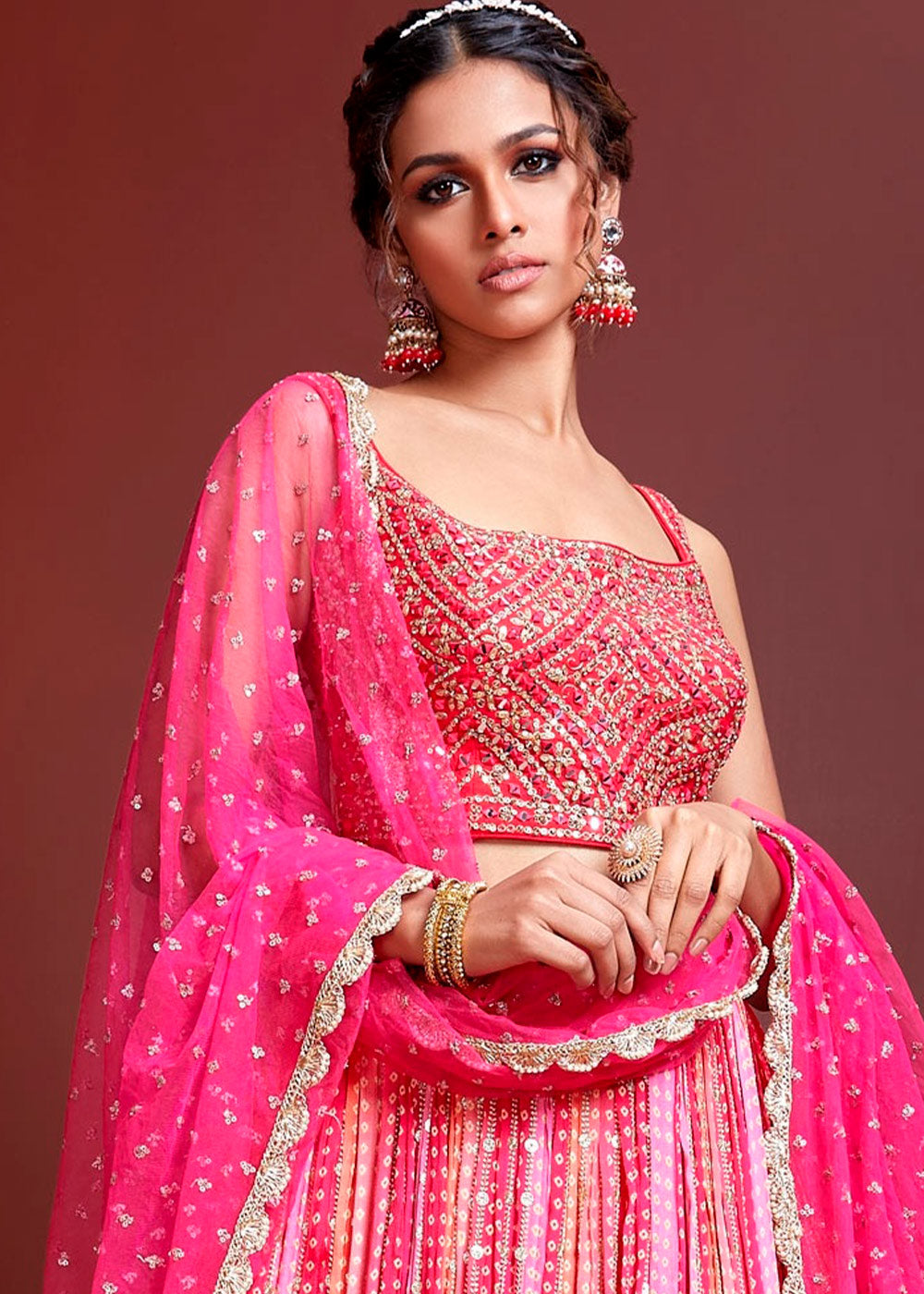 Peony Pink Bandhani Printed Chinon Silk Lehenga Choli with Embroidery & Mirror work