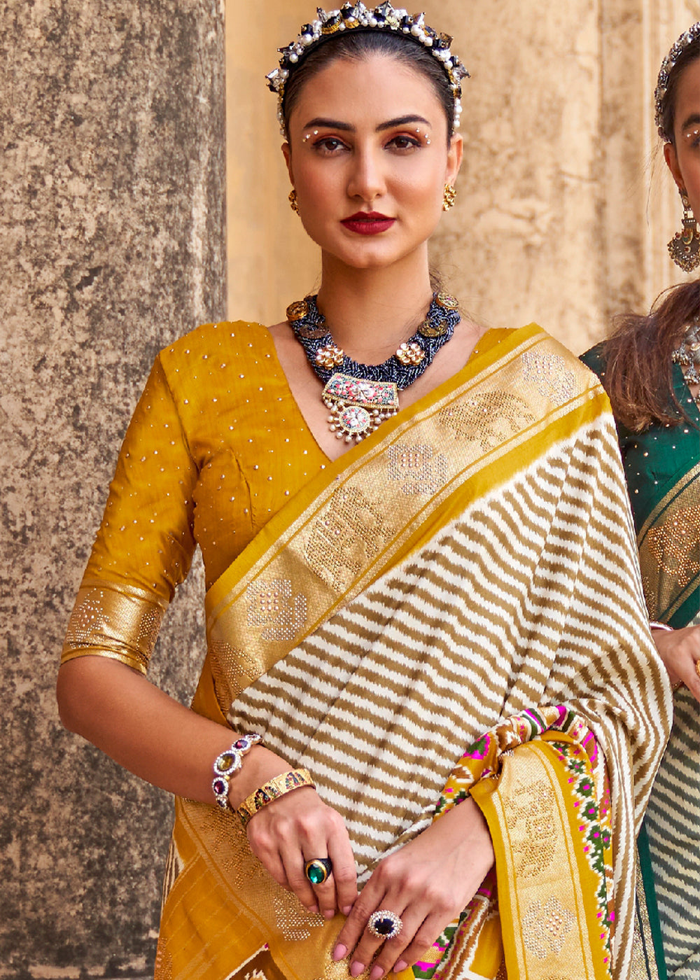 Saffron Yellow Designer Patola Silk Saree with Zari Border & Stone work(Pre-Order)