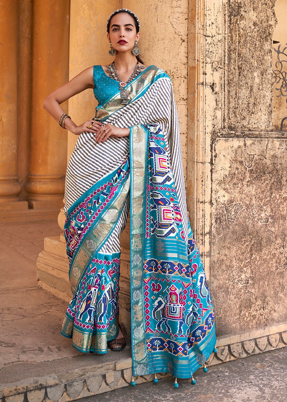 Cerulean Blue Designer Patola Silk Saree with Zari Border & Stone work(Pre-Order)