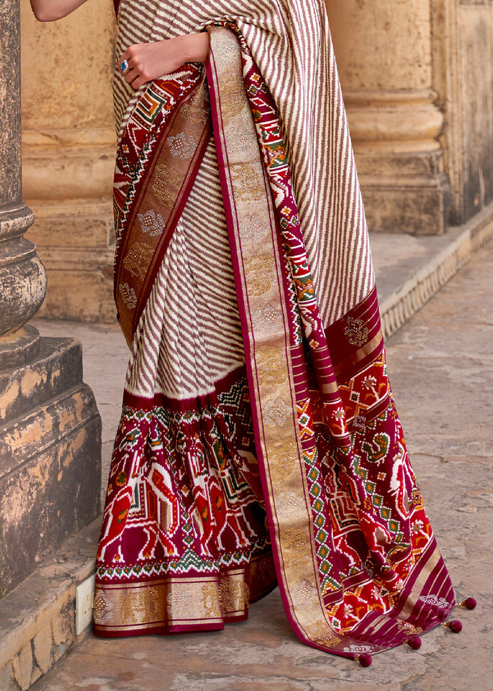 Mahogany Red Designer Patola Silk Saree with Zari Border & Stone work(Pre-Order)