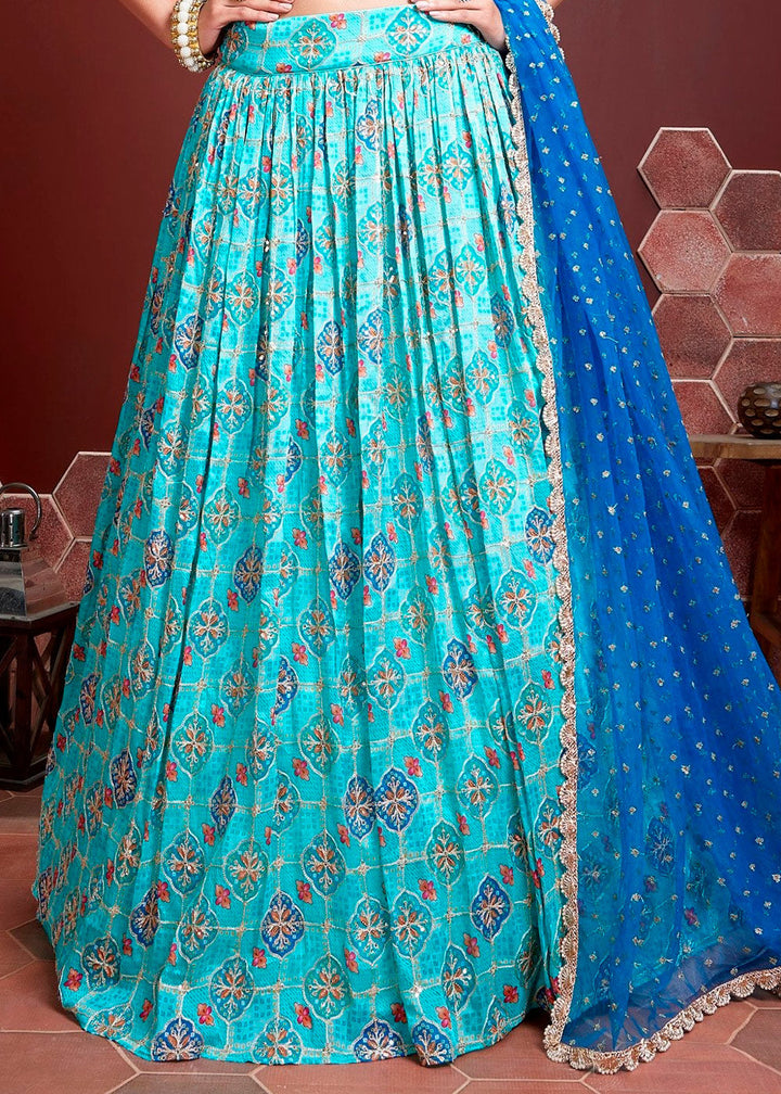 Shades Of Blue Floral Printed Chinon Silk Lehenga Choli with Embroidery & Mirror work