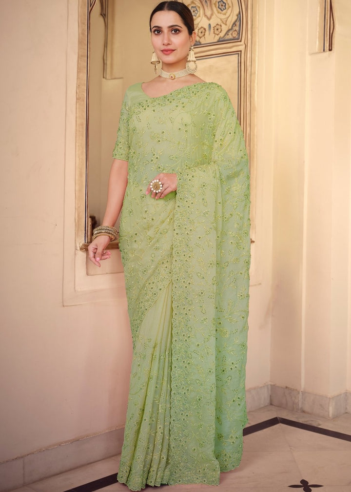 Sage Green Designer Chiffon Saree with Dori & Sequins work