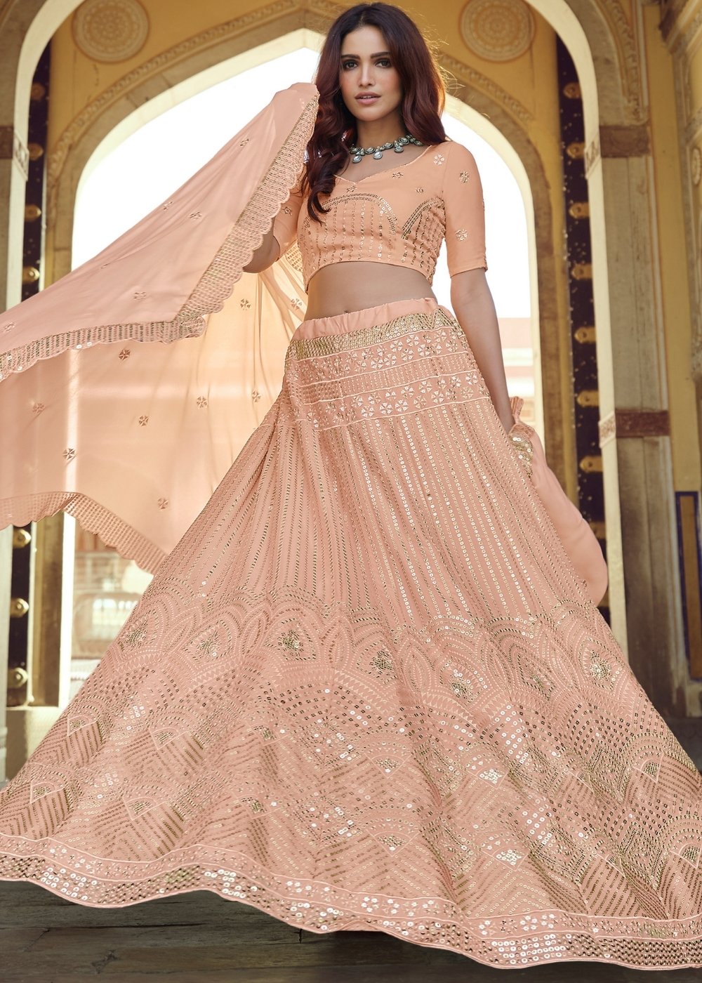 Peach Pink Georgette Lehenga Choli with Sequins & Thread work