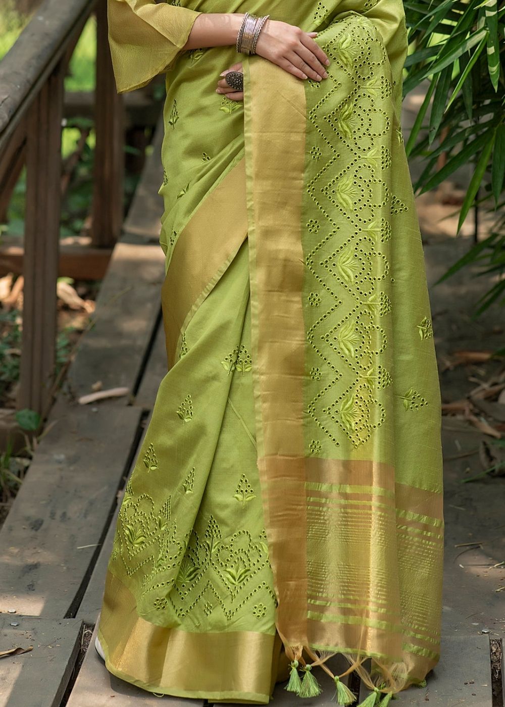 Pickle Green Assam Silk Saree with Cut-Work Embroidery