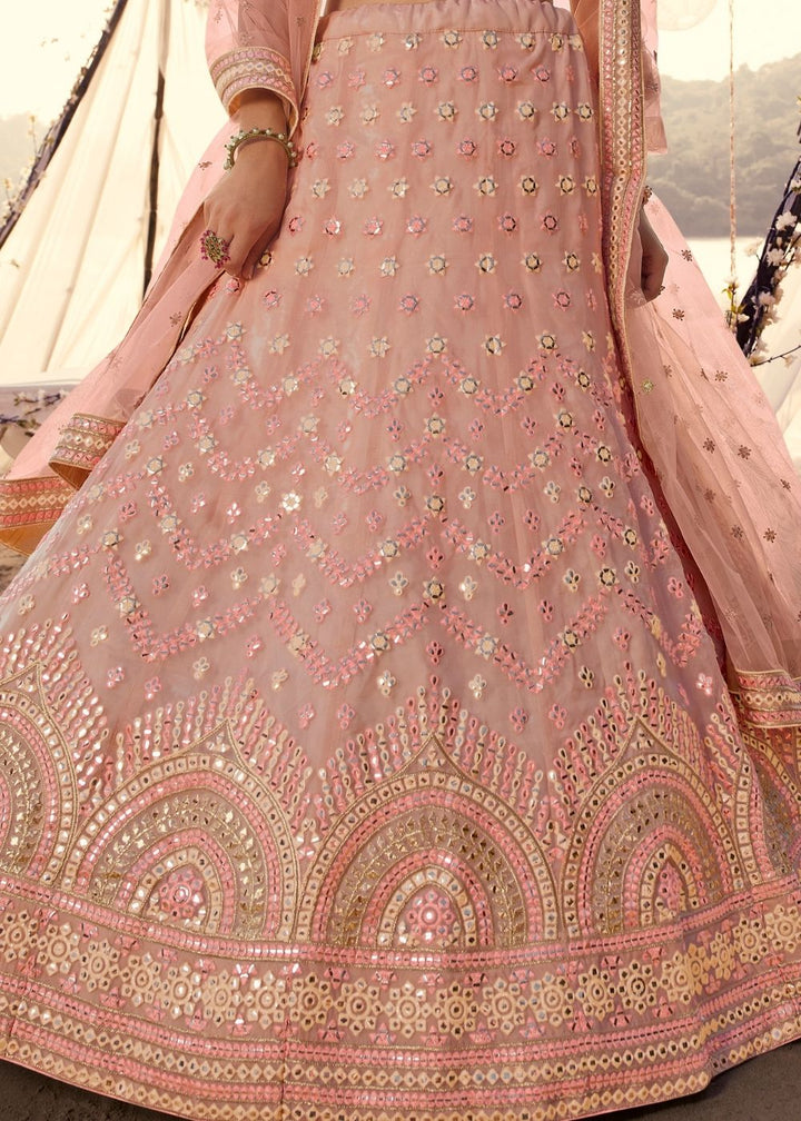 Salmon Pink Organza Lehenga Choli with Thread, Foli and Mirror work