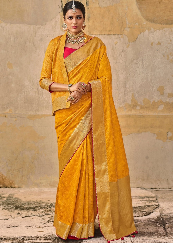 Saffron Yellow Jacquard Silk Saree with Zari Border & Pallu