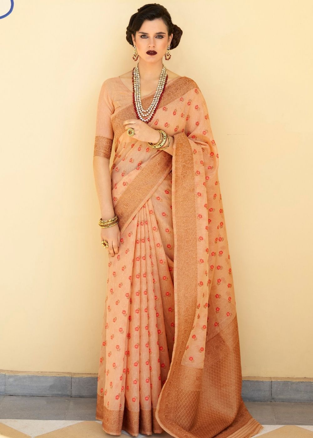 Cantaloupe Orange Pure Linen Woven Silk Saree with Resham work