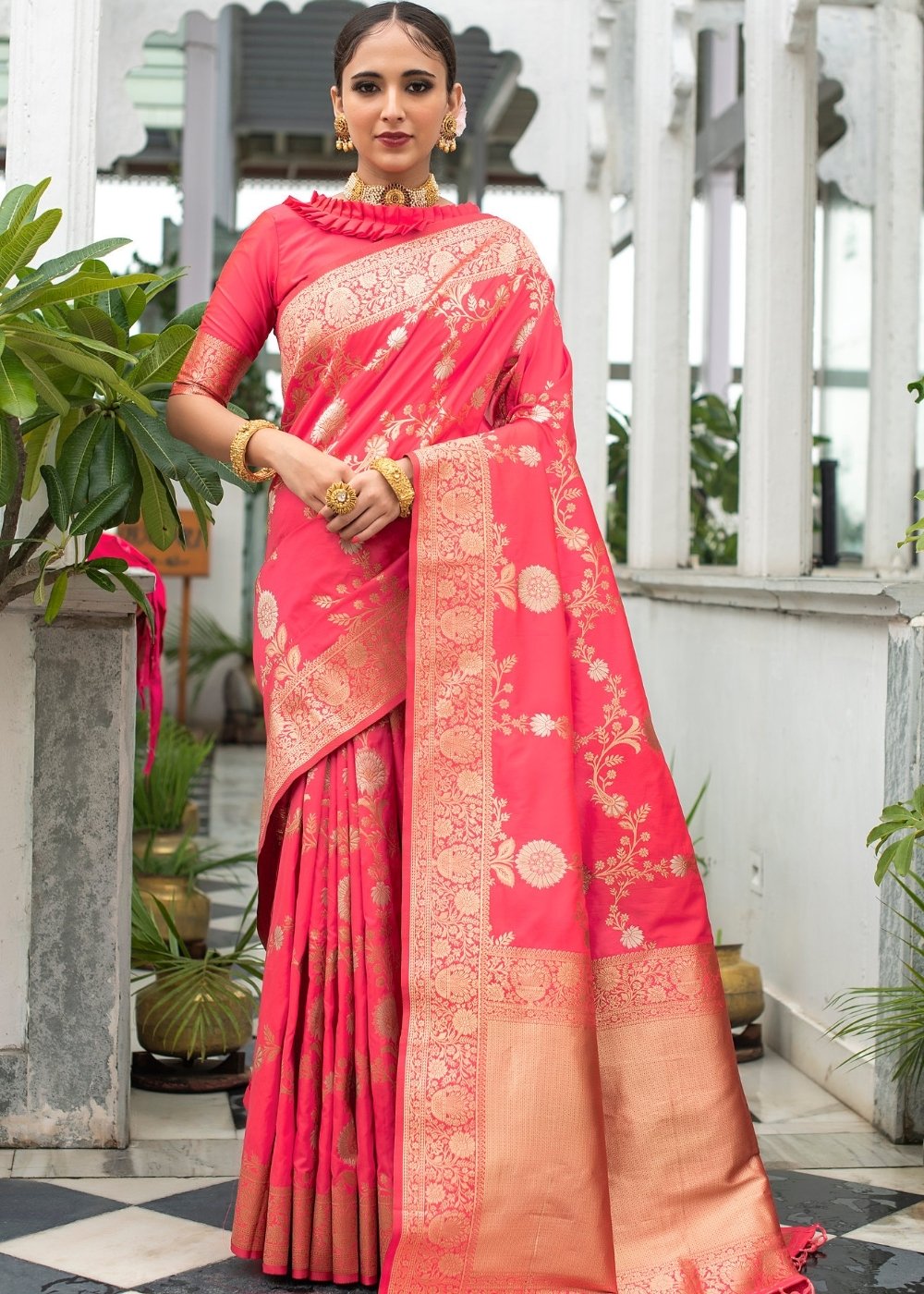 Punch Pink Soft Banarasi Silk Saree with Floral Zari work