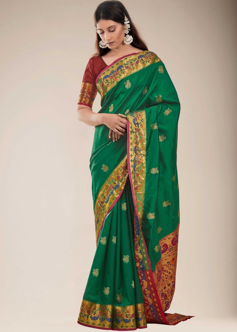 Fun Green Woven Paithani Silk Saree