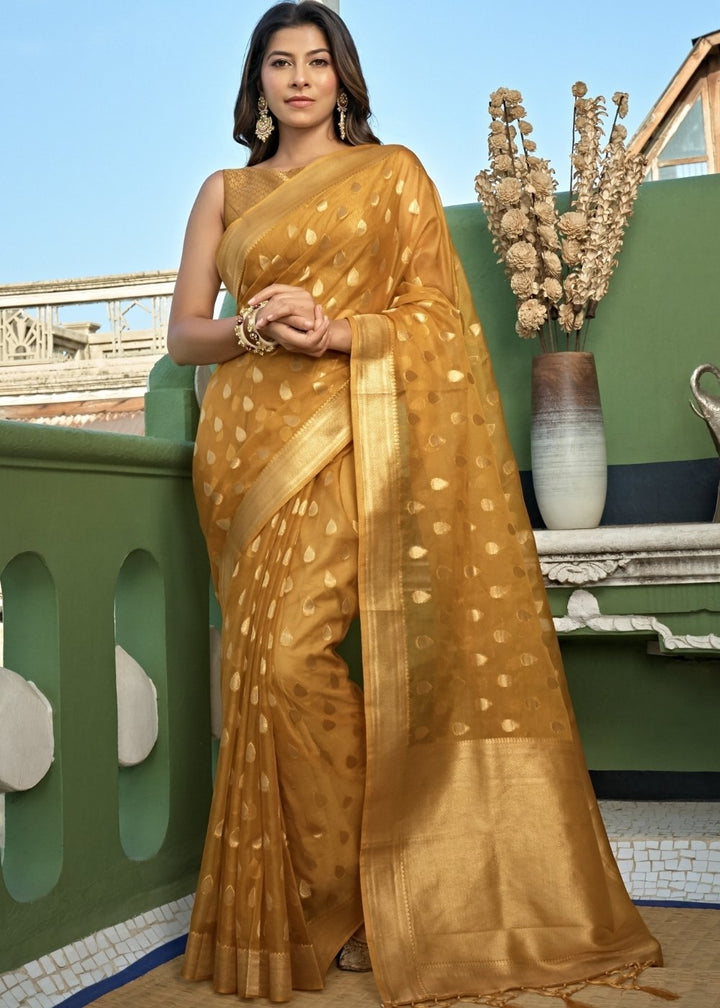 Copper Brown Zari Woven Organza Silk Saree