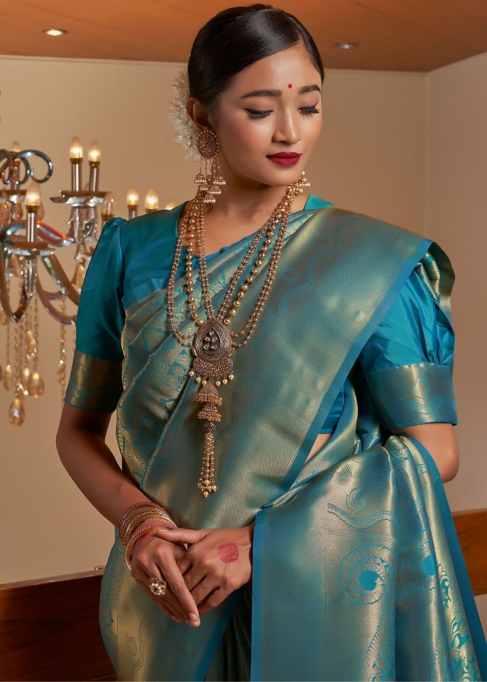 Teal Blue Zari Woven Kanjivaram Silk Saree