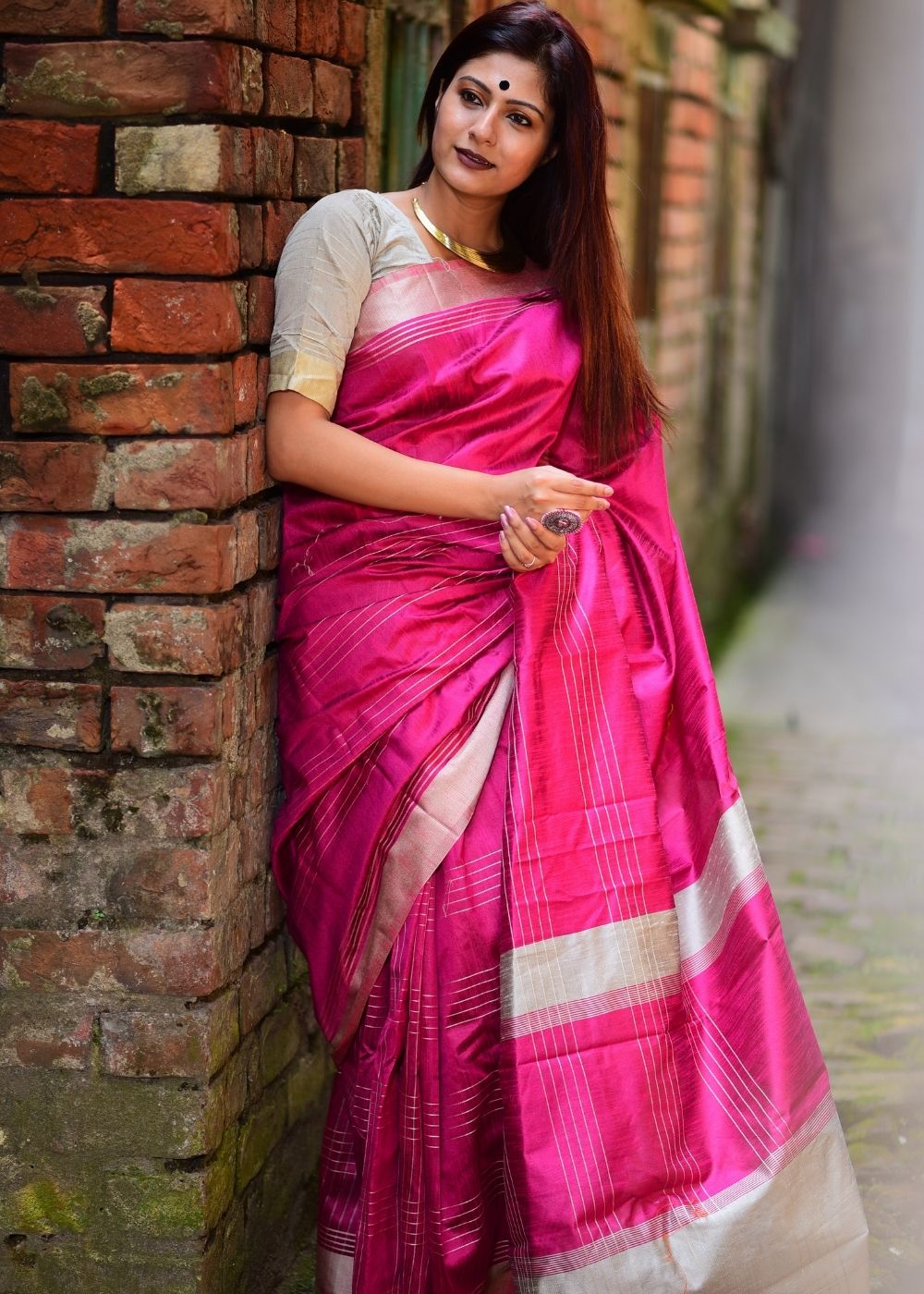 Hot Pink Designer Raw Silk Saree