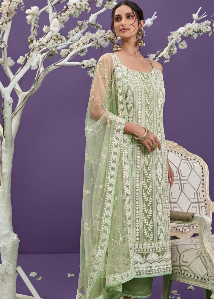 Pista Green Net Lucknowi Salwar Suit with Cotton Thread Embroidery & Sequence work(Pre-Order)