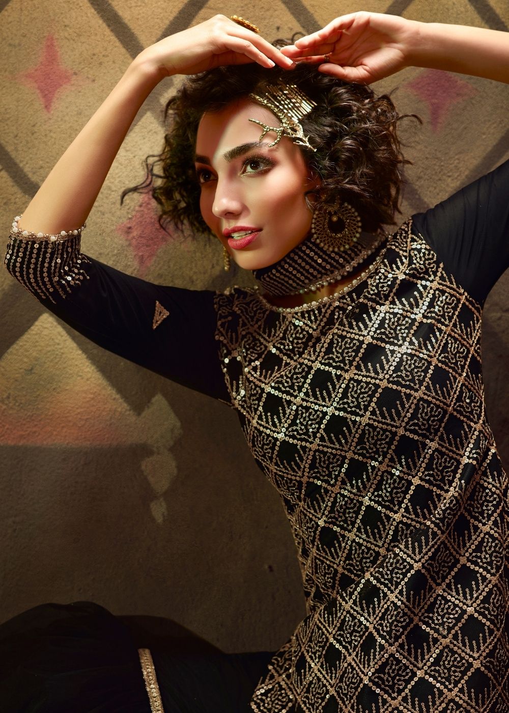 Midnight Black Designer Soft Net Sharara Suit with overall Sequins work