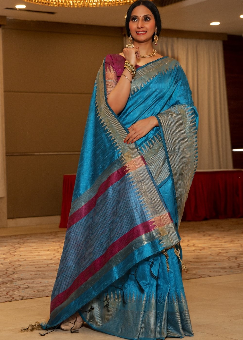 Azure Blue Art Silk Saree with Temple Border