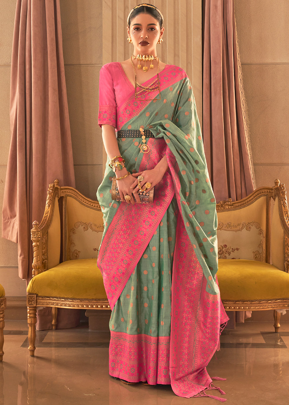 Green & Pink Bamboo Copper Zari Handloom Woven Silk Saree