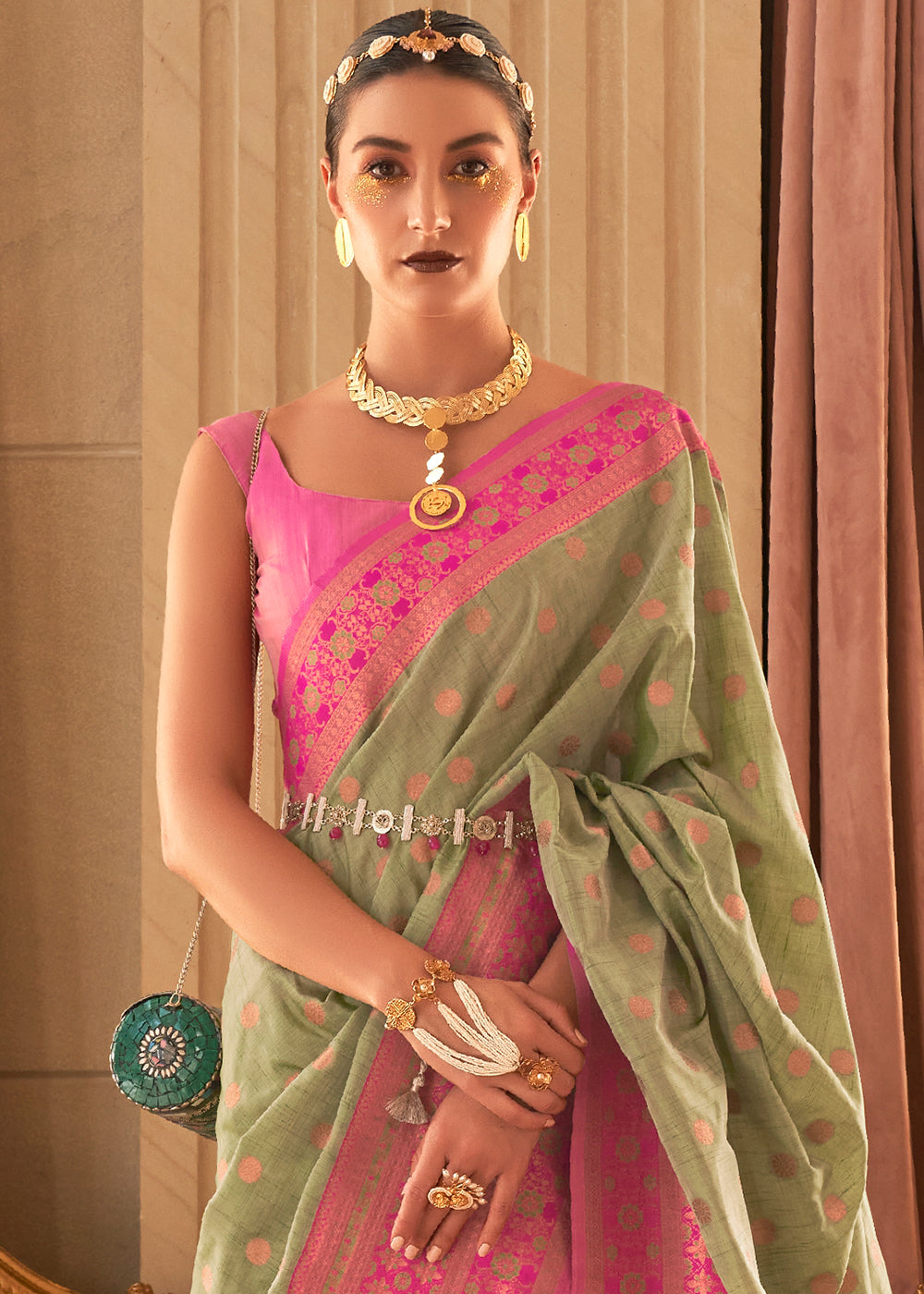 Pastel Green Bamboo Copper Zari Handloom Woven Silk Saree