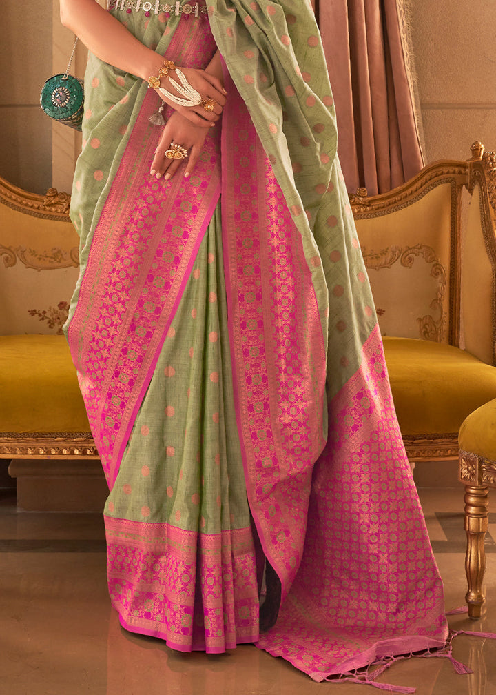 Pastel Green Bamboo Copper Zari Handloom Woven Silk Saree