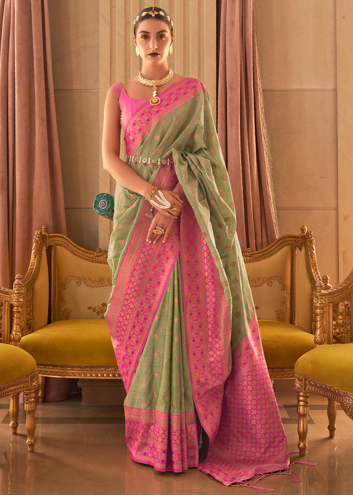 Pastel Green Bamboo Copper Zari Handloom Woven Silk Saree