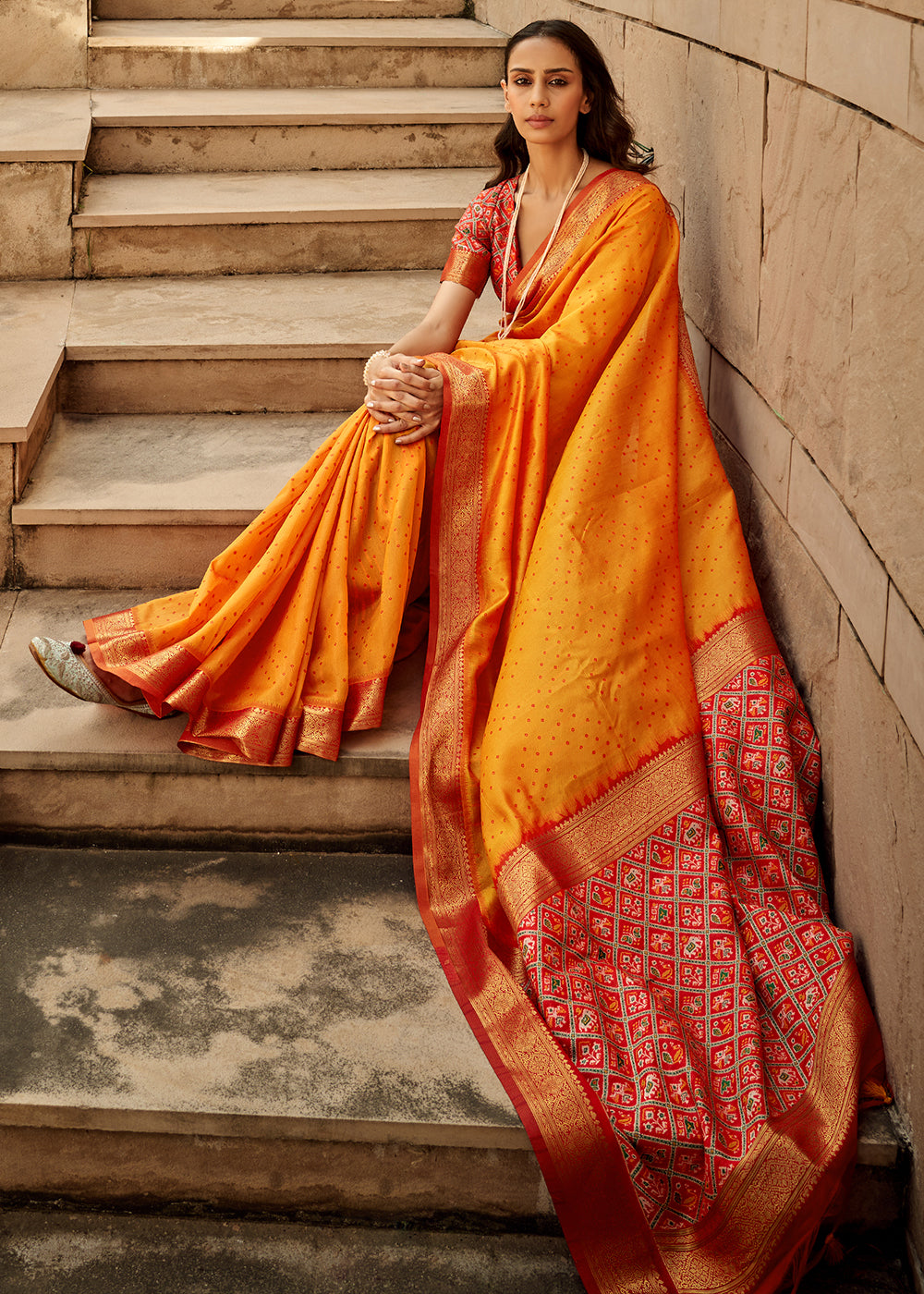 Saffron Yellow Woven Patola Silk Saree