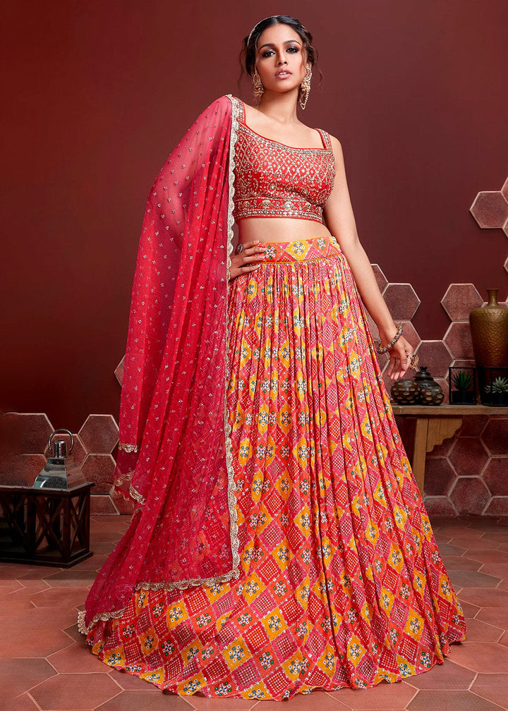 Red & Orange Bandhani Printed Chinon Silk Lehenga Choli with Embroidery & Mirror work