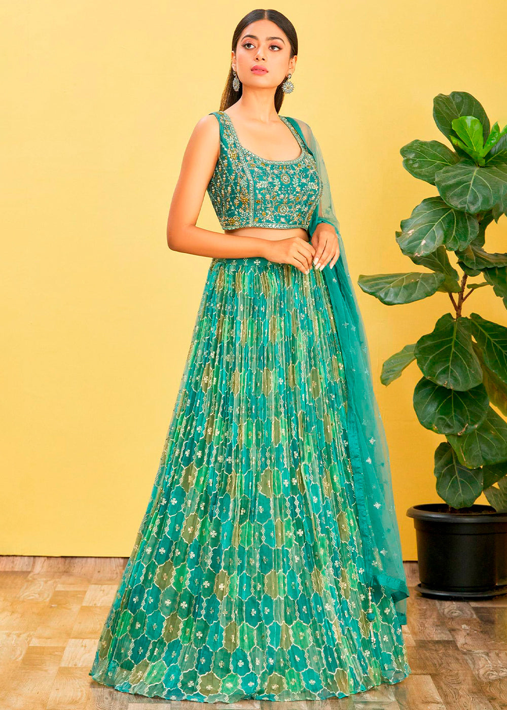 Shades Of Green Digital Printed Organza Lehenga with Thread,Zari & Sequins Work