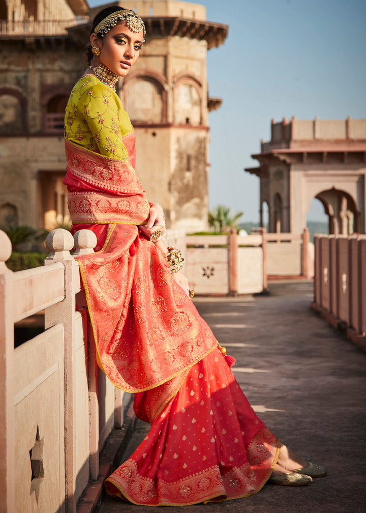 Persian Red Woven Banarasi Silk Saree with Embroidered Blouse