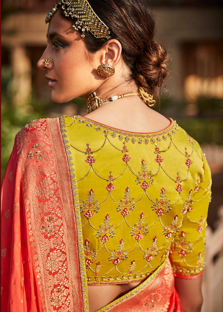 Persian Red Woven Banarasi Silk Saree with Embroidered Blouse