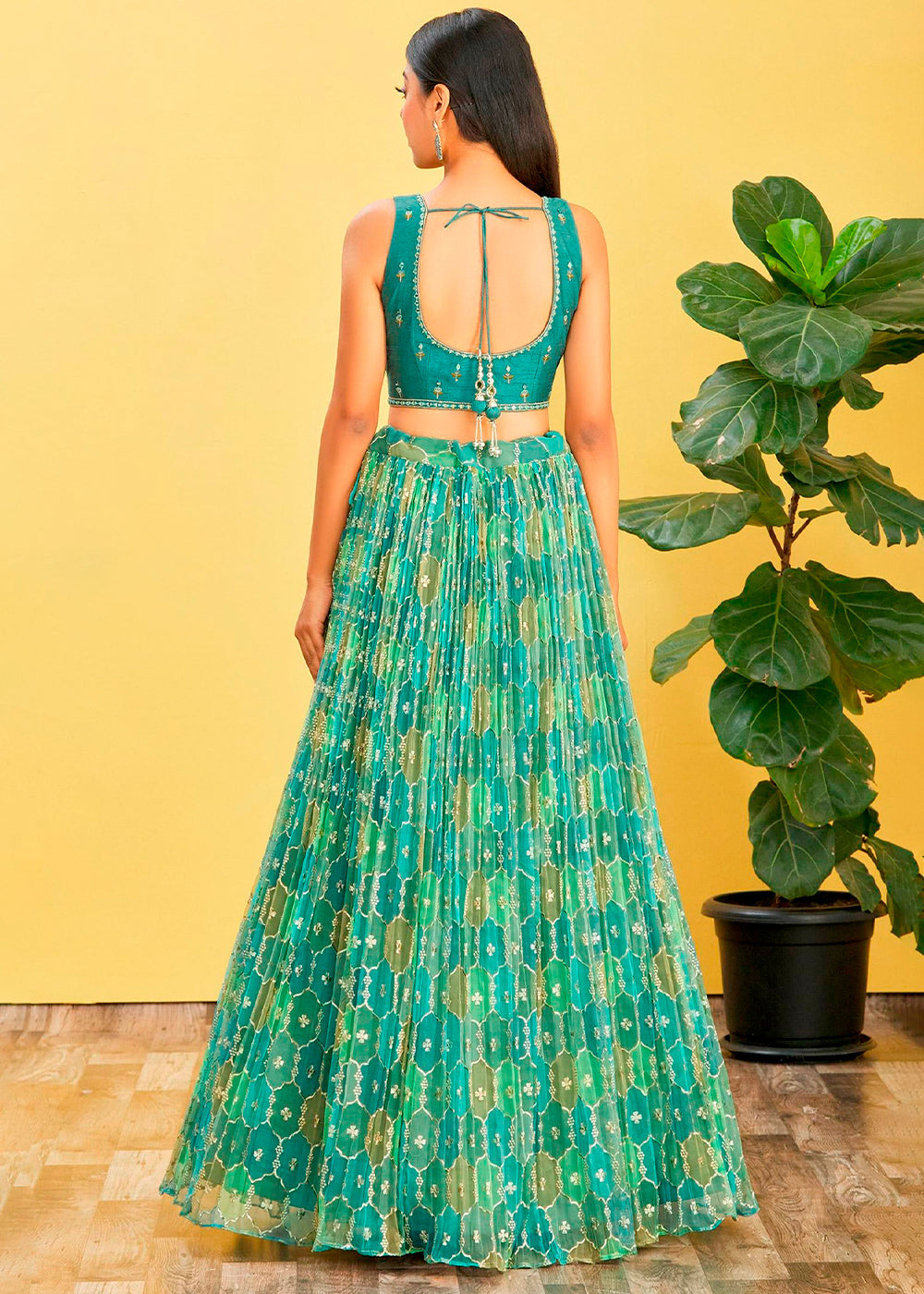 Shades Of Green Digital Printed Organza Lehenga with Thread,Zari & Sequins Work