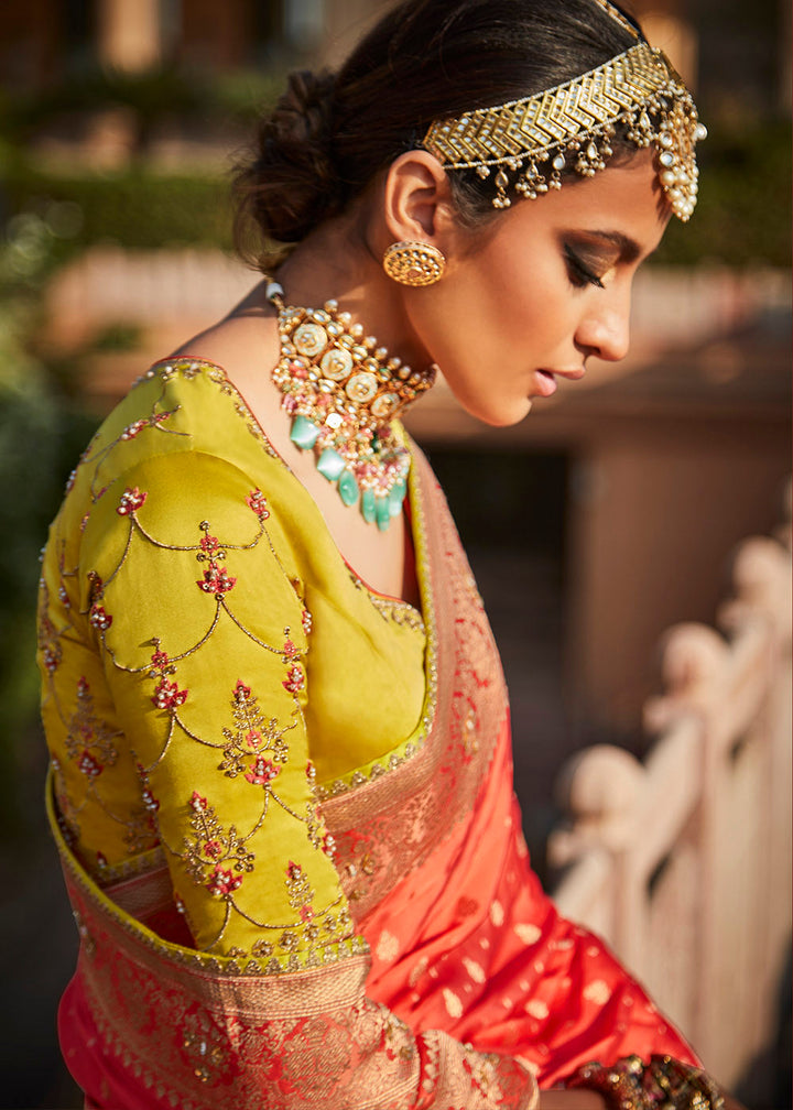 Persian Red Woven Banarasi Silk Saree with Embroidered Blouse