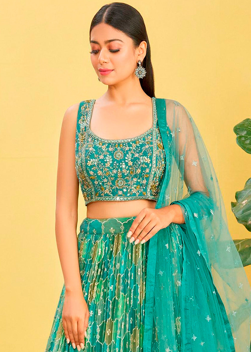 Shades Of Green Digital Printed Organza Lehenga with Thread,Zari & Sequins Work