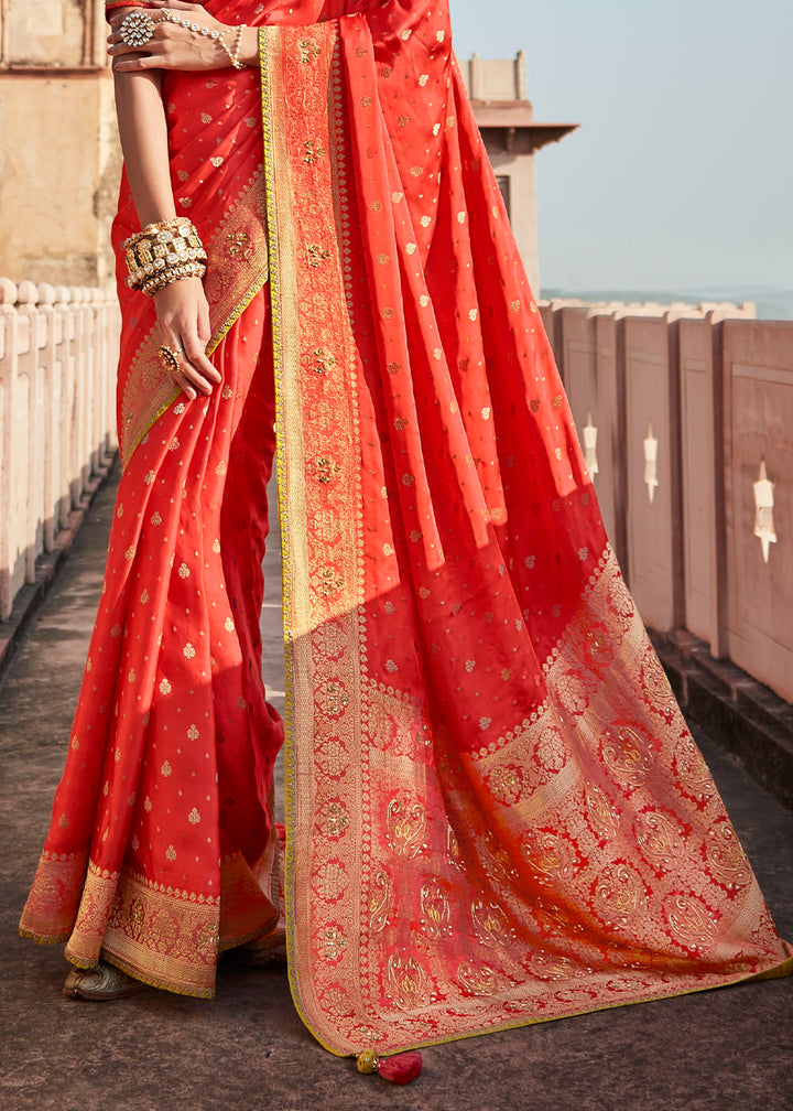 Persian Red Woven Banarasi Silk Saree with Embroidered Blouse