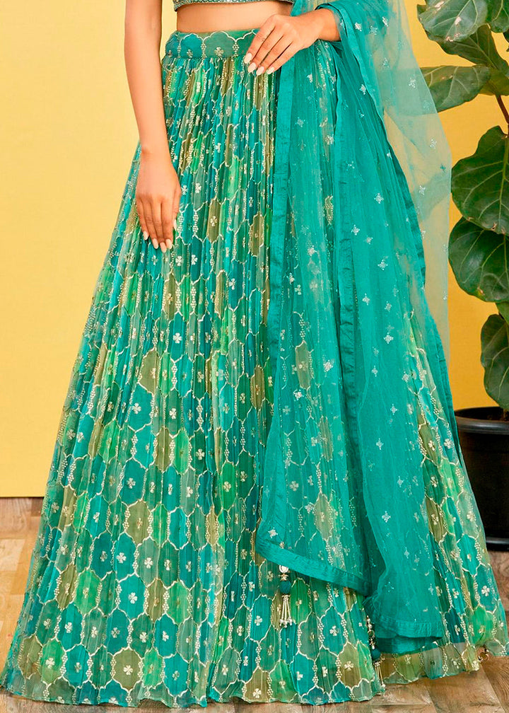 Shades Of Green Digital Printed Organza Lehenga with Thread,Zari & Sequins Work