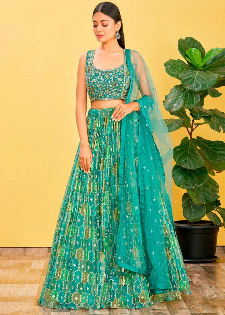 Shades Of Green Digital Printed Organza Lehenga with Thread,Zari & Sequins Work