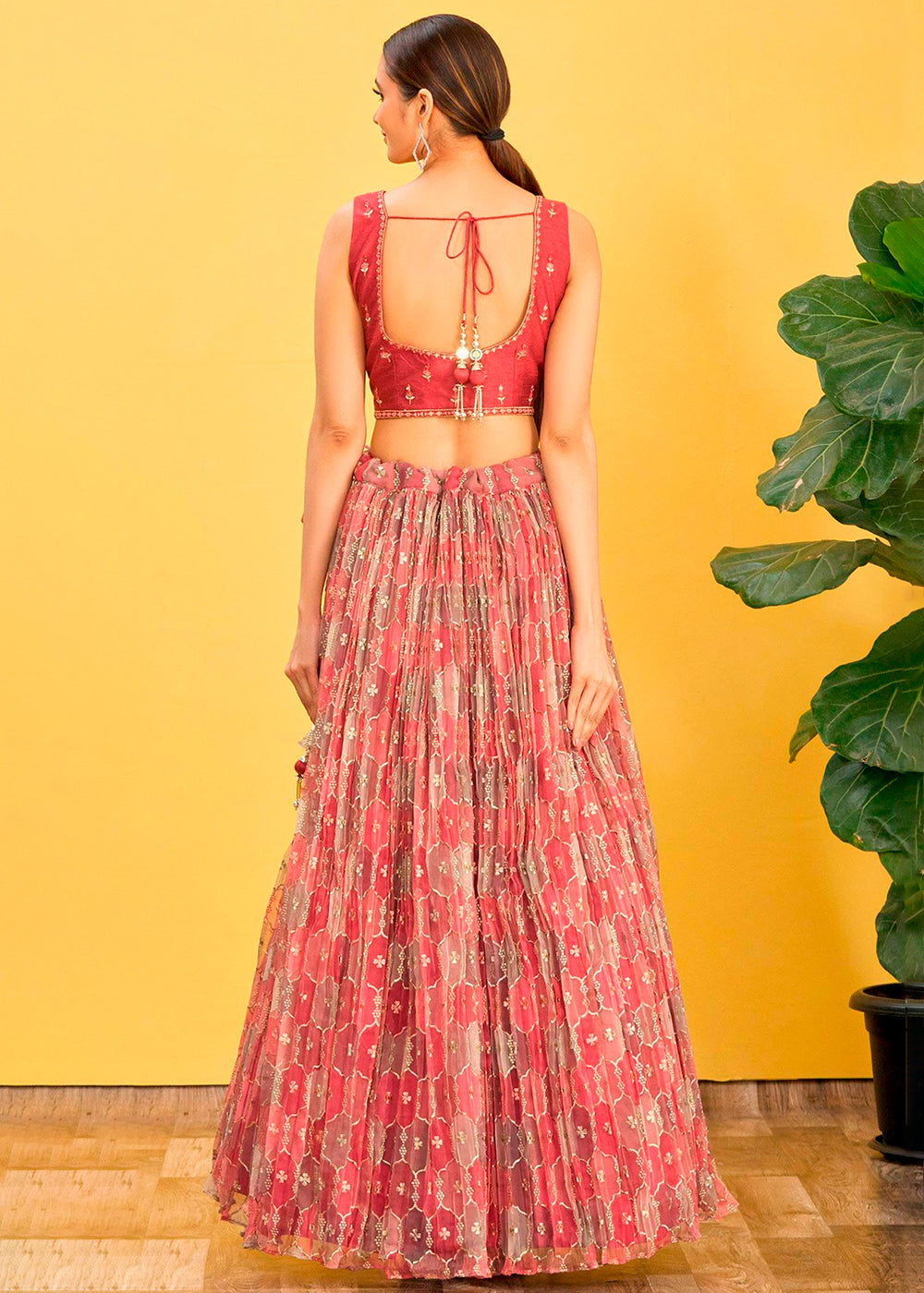 Shades Of Red Digital Printed Organza Lehenga with Thread,Zari & Sequins Work