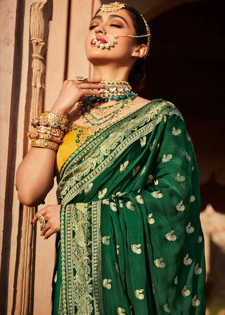 Sacramento Green Woven Banarasi Silk Saree with Embroidered Blouse