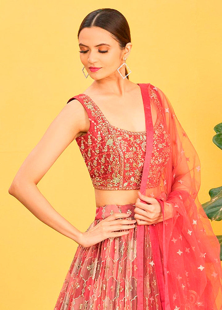 Shades Of Red Digital Printed Organza Lehenga with Thread,Zari & Sequins Work