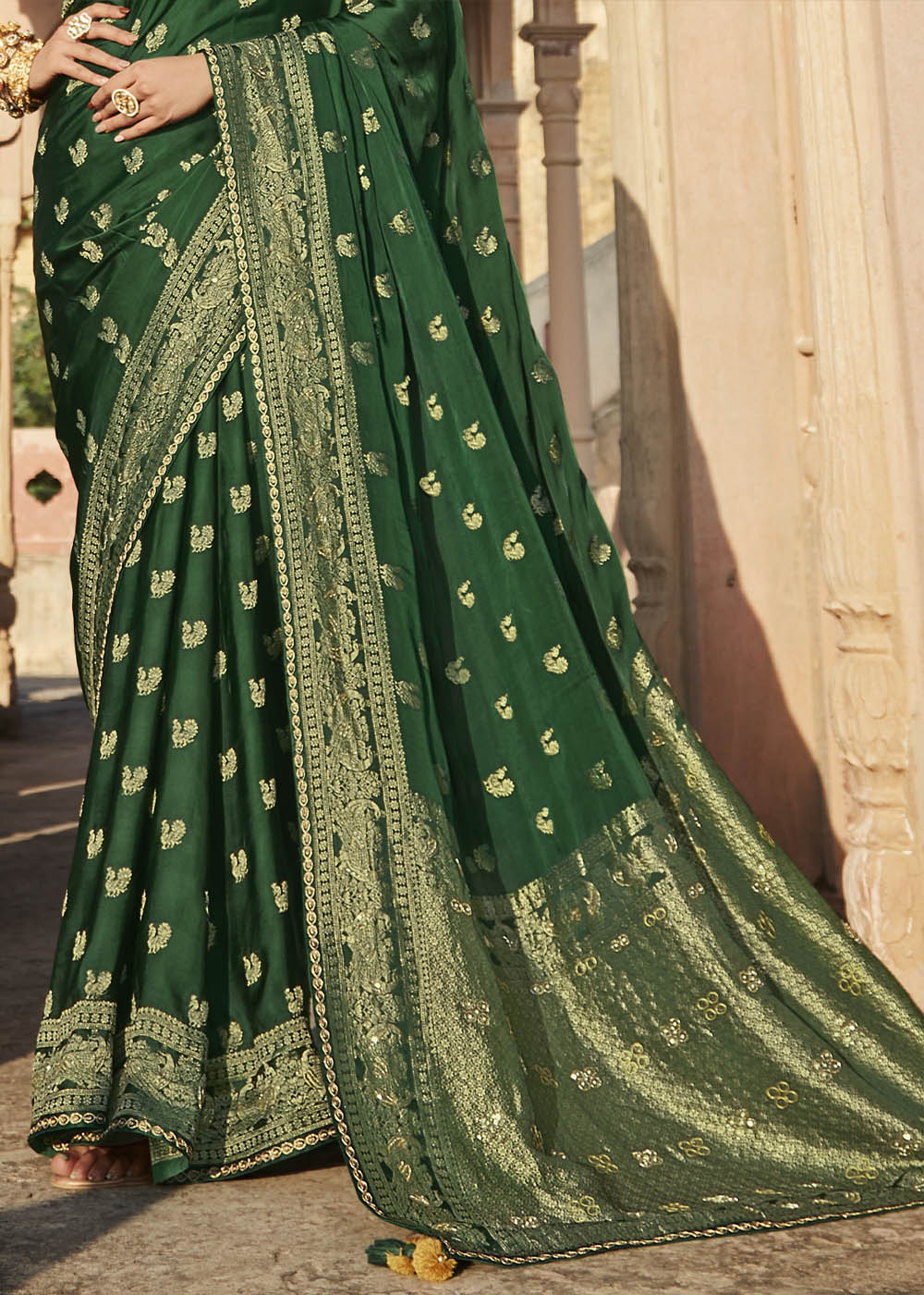 Sacramento Green Woven Banarasi Silk Saree with Embroidered Blouse