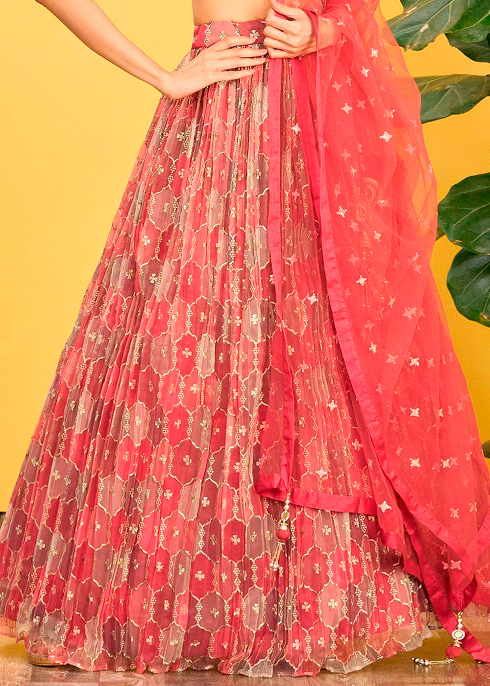 Shades Of Red Digital Printed Organza Lehenga with Thread,Zari & Sequins Work