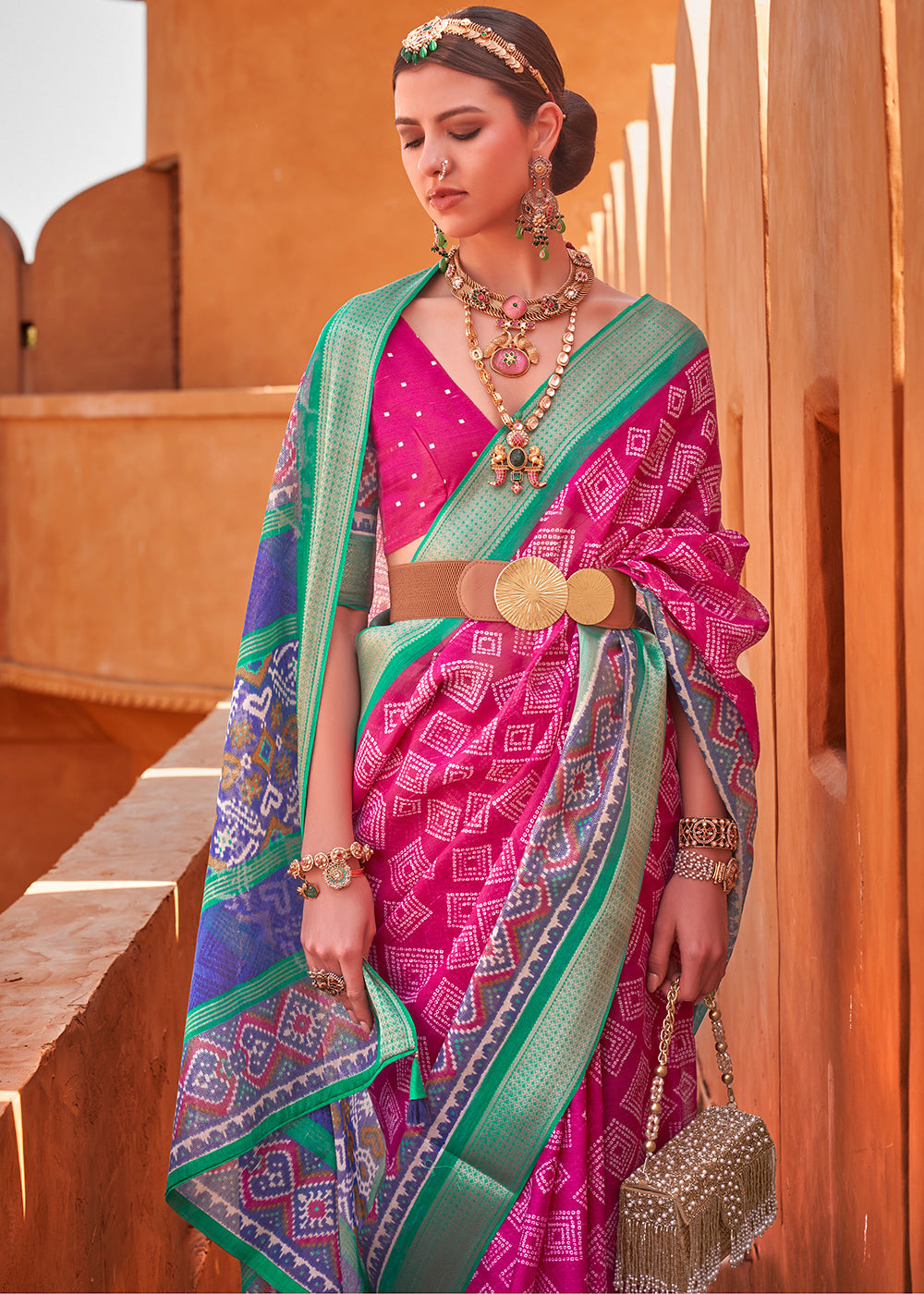 Hot Pink Printed Cotton Silk Saree