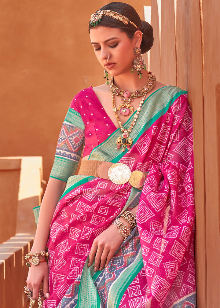 Hot Pink Printed Cotton Silk Saree