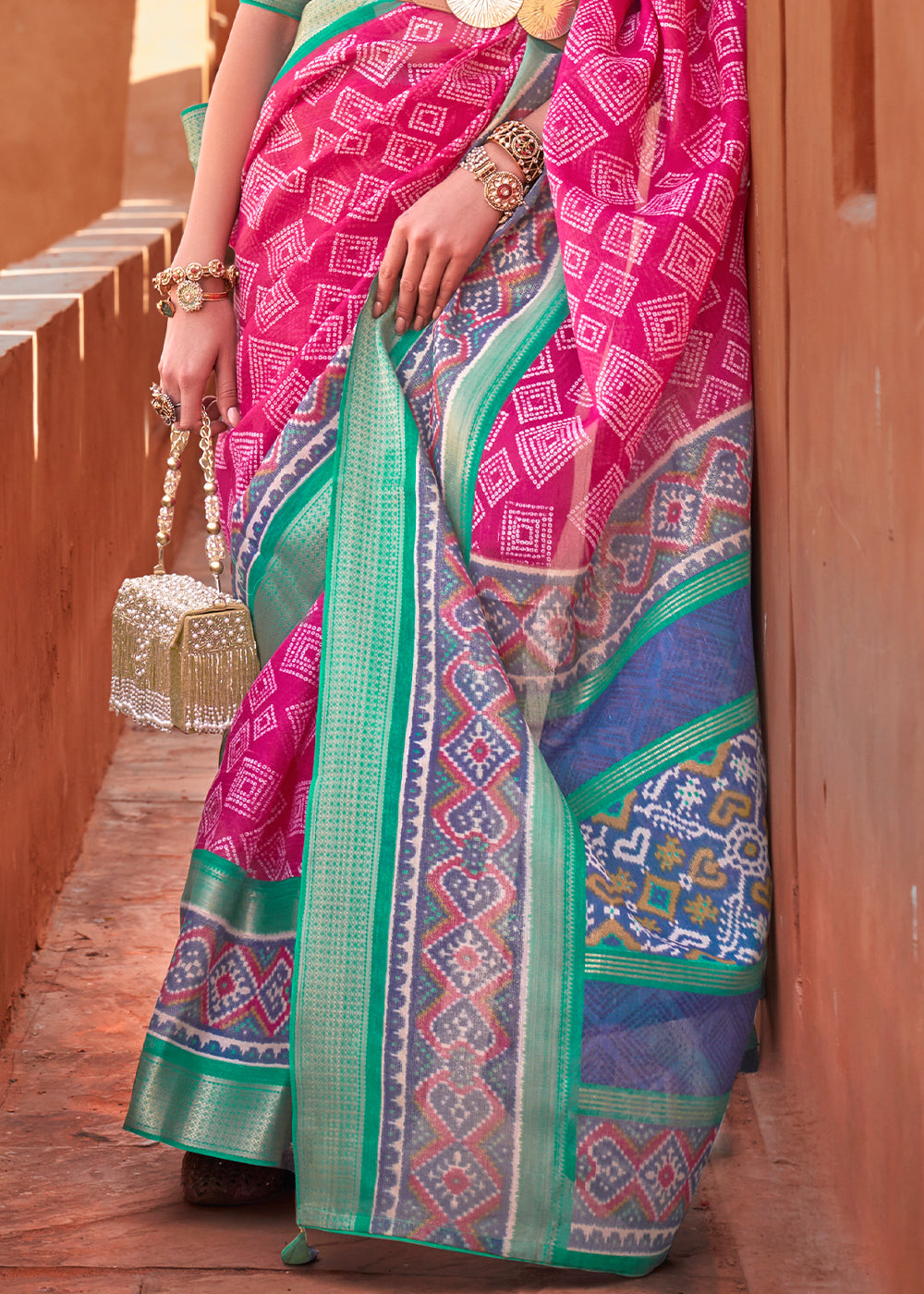 Hot Pink Printed Cotton Silk Saree