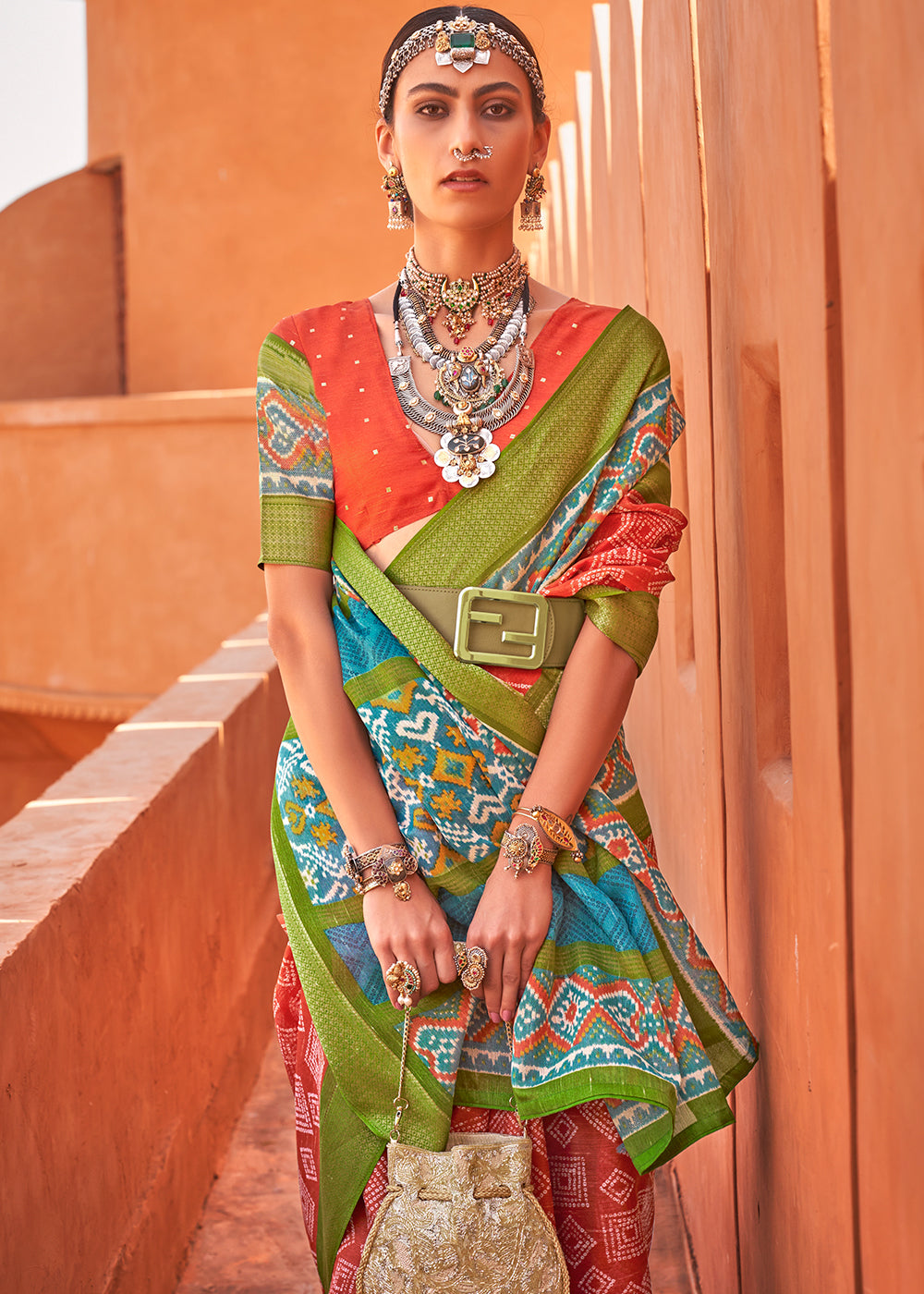 Carrot Orange Printed Cotton Silk Saree