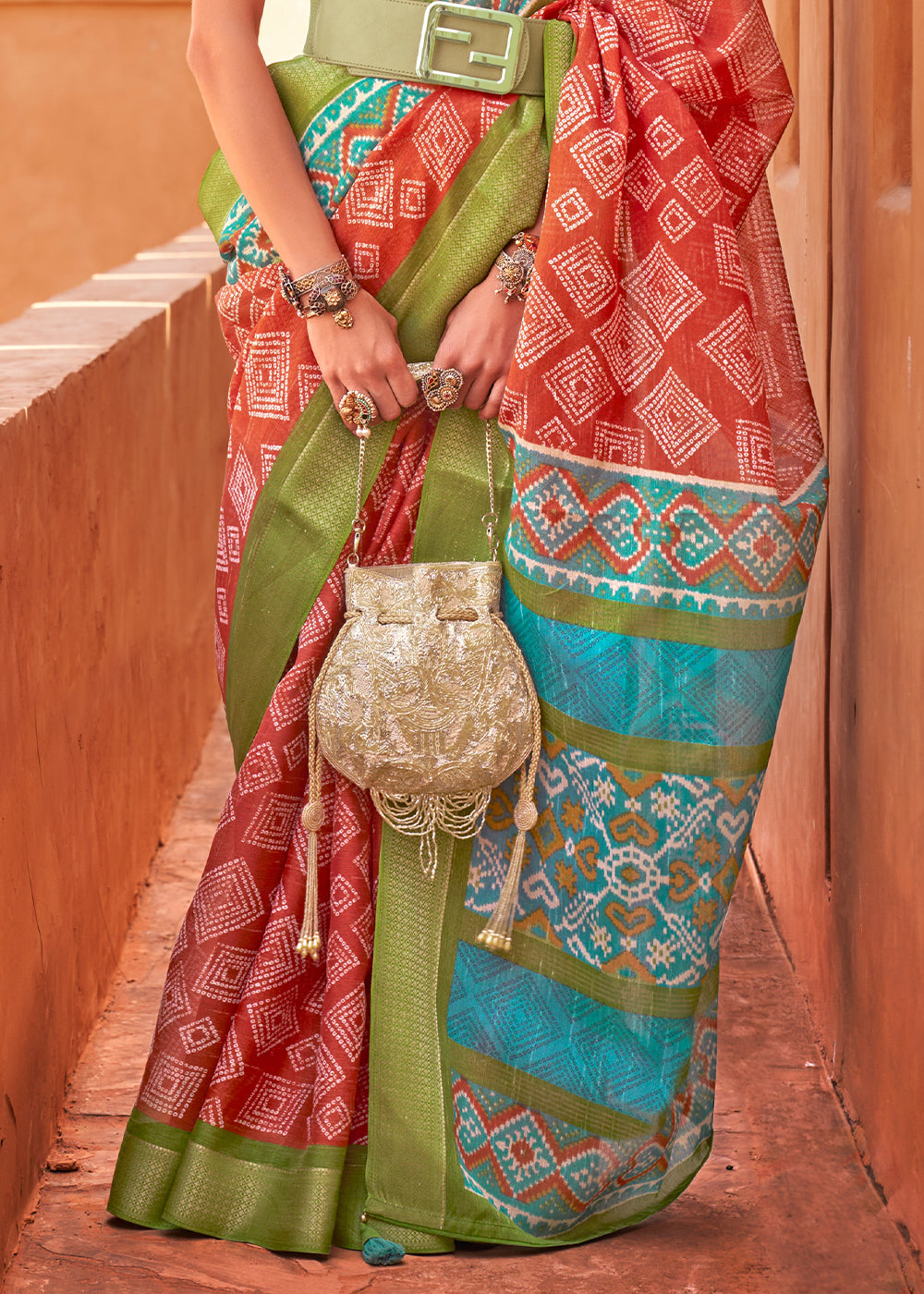 Carrot Orange Printed Cotton Silk Saree