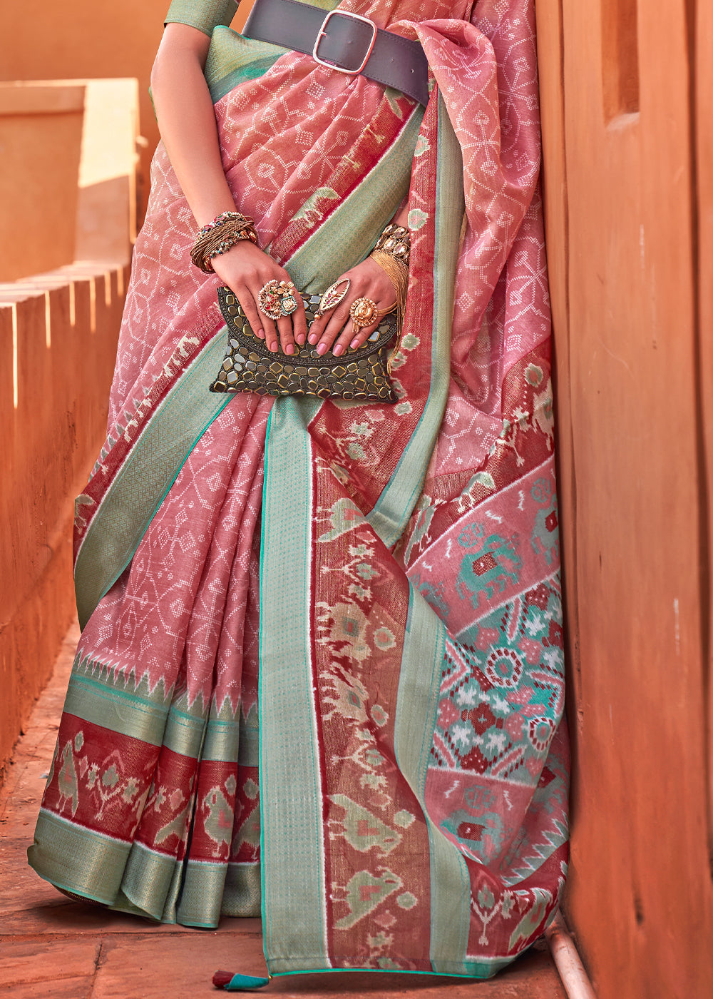 Carnation Pink Printed Cotton Silk Saree